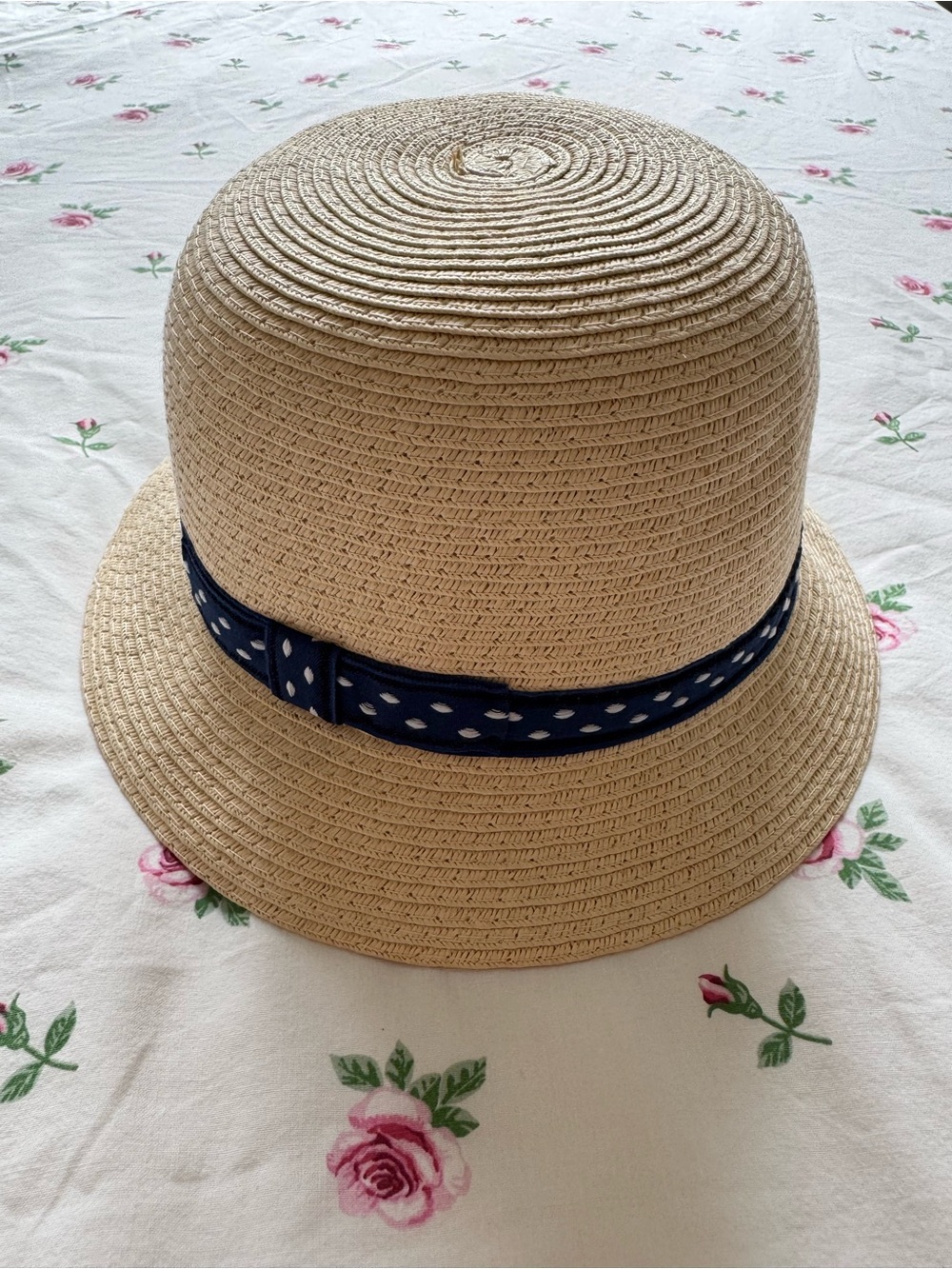 Old Navy Straw Cloche Hat with Navy Polka Dot Band